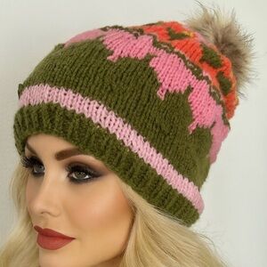 Hand Knits 2 Love Slouch Beanie Winter Hat Multicolors Faux Fur Pom Pom Designer